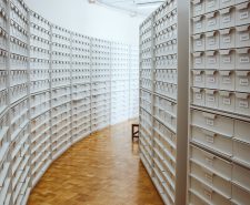 structured room with shelves and drawers