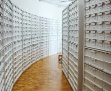 structured room with shelves and drawers